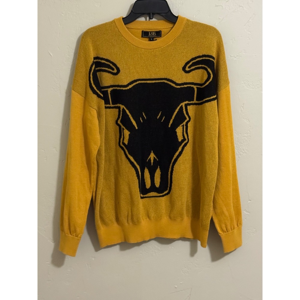 L and B Sweater L Mustard Bull Skull Western Knit J1202